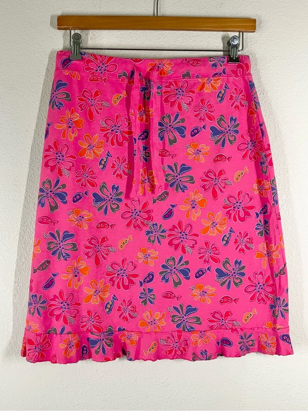 FRESH PRODUCE A-line Midi Skirt M Pull-On Floral Fish Print Beach Resort Summer - Picture 2 of 11
